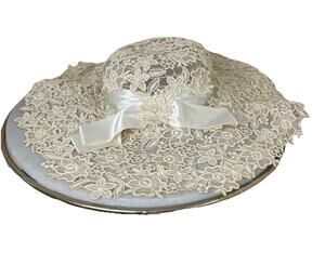 VTG 60s Bridal Lace Tulle Hat Wide Brim Edwardian House Of Bianchi Cream Small